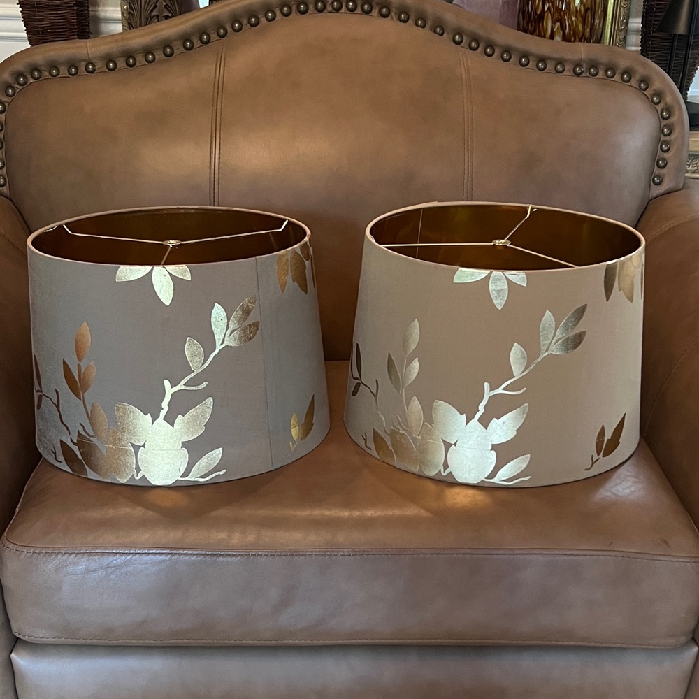 Lot of 2 Neutral Gold Leaf Pattern Drum Lamp Shade - Home Accents